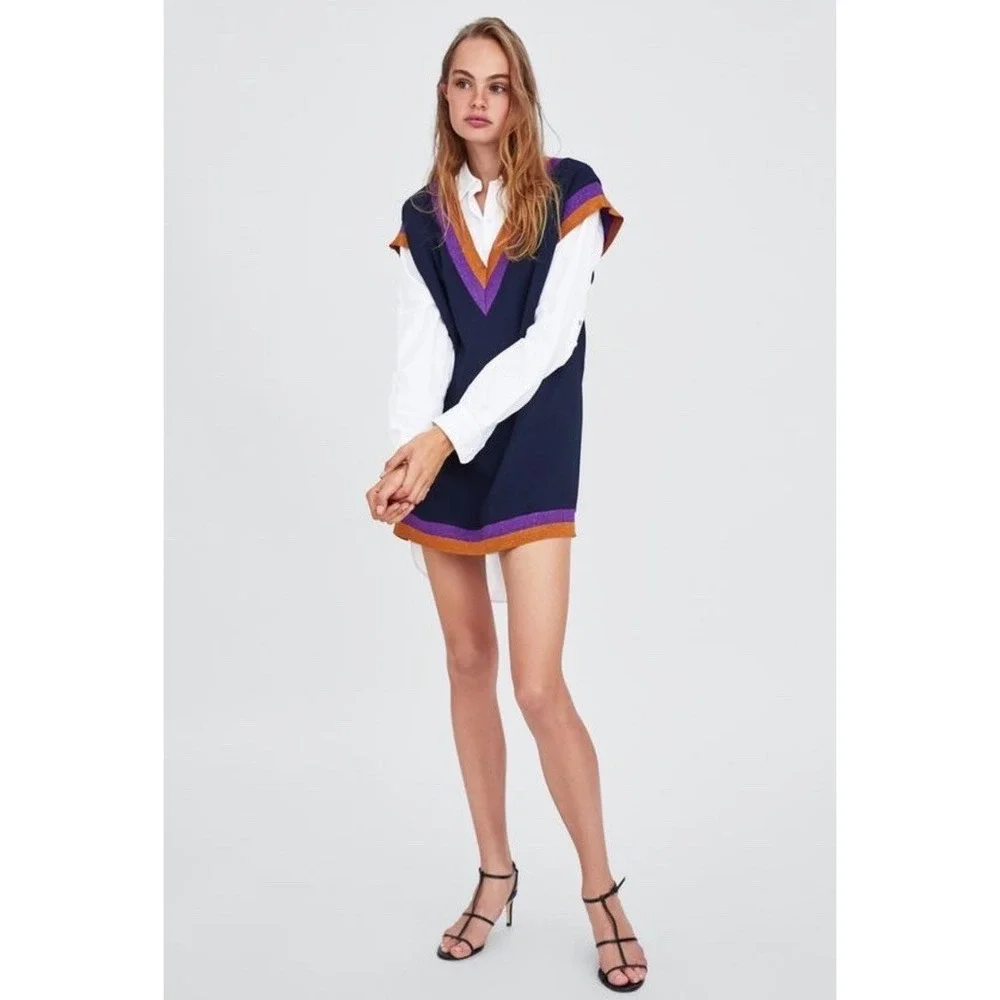 Zara V-neck Metallic Stripe Knit Long Vest‎ Womens XS Academia Preppy School